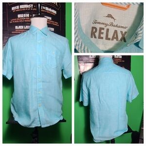 Tommy Bahama RELAX Linen Aqua Blue Short Sleeve Button Front Shirt Men’s Medium